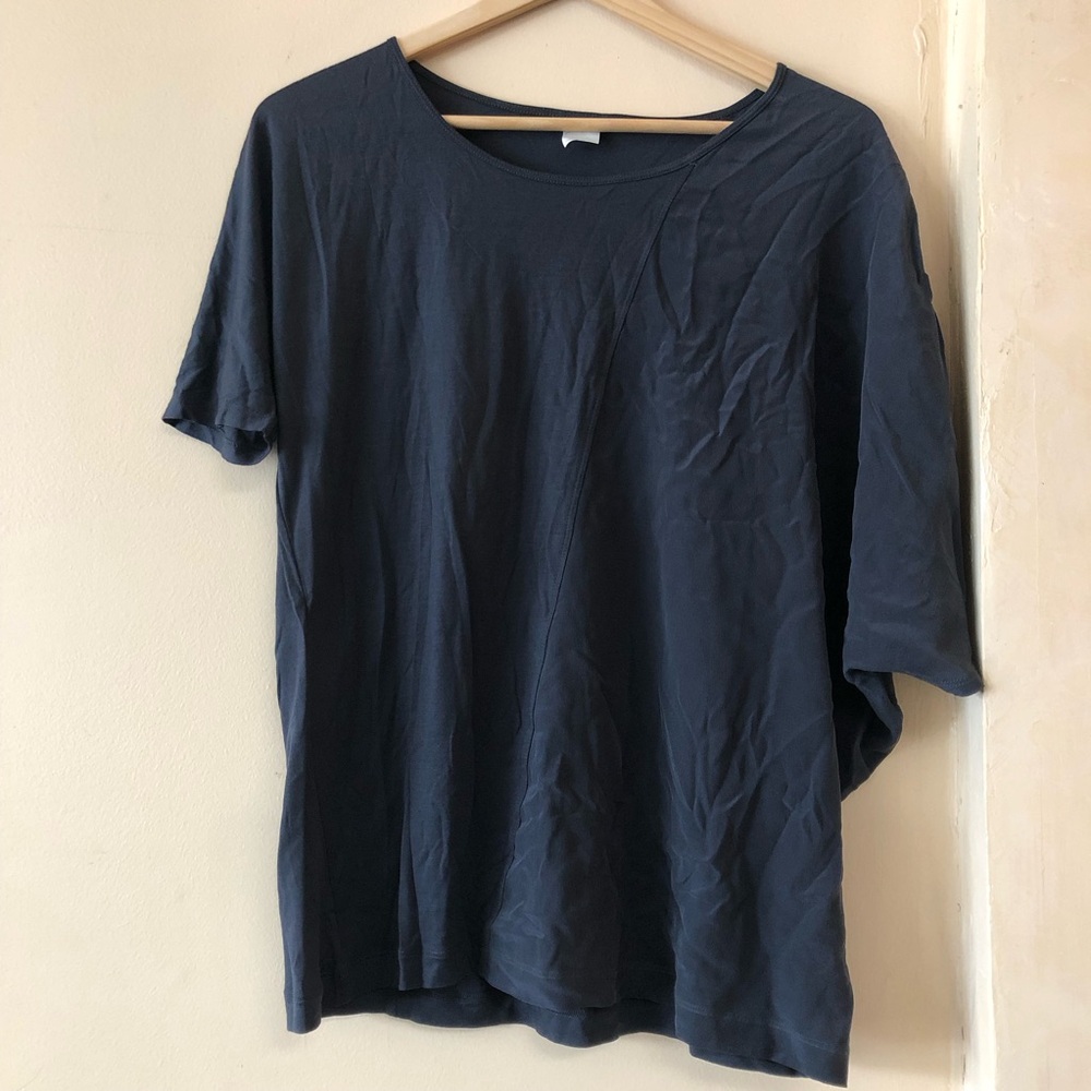 CLUB MONACO Silk Panel Asymmetric Short Sleeve Top Batwing Relaxed Tshirt Grey